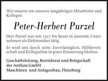 Traueranzeige von Peter-Herbert Purzel von Flensburger Tageblatt