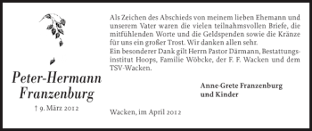 Traueranzeige von Peter-Hermann Franzenburg von Norddeutsche Rundschau