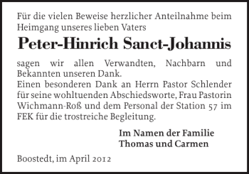 Traueranzeige von Peter-Hinrich Sanct-Johannis von Holsteinischer Courier