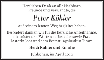 Traueranzeige von Peter Köhler von Flensburger Tageblatt