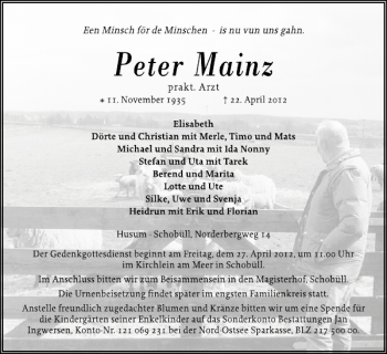 Traueranzeige von Peter Mainz von Husumer Nachrichten