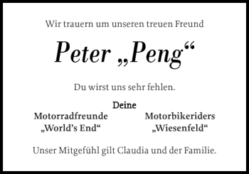 Traueranzeige von Peter Peng von Der Insel-Bote