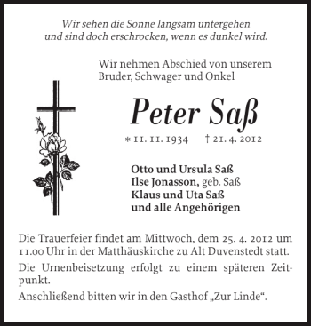 Traueranzeige von Peter Saß von Landeszeitung