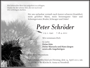 Traueranzeige von Peter Schröder von Husumer Nachrichten