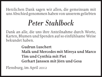 Traueranzeige von Peter Stahlbock von Flensburger Tageblatt