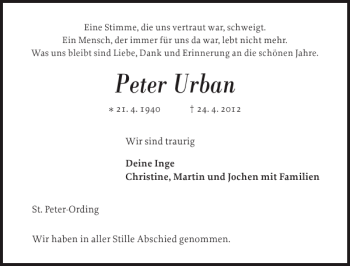 Traueranzeige von Peter Urban von Husumer Nachrichten