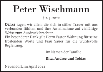 Traueranzeige von Peter Wischmann von Elmshorner Nachrichten