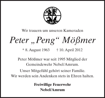 Traueranzeige von Peter Peng Mößmer von Der Insel-Bote