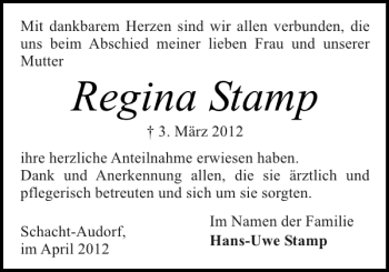 Traueranzeige von Regina Stamp von Landeszeitung