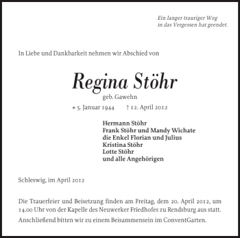 Traueranzeige von Regina Stöhr von Schleswiger Nachrichten