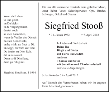 Traueranzeige von Siegfried Stooß von Landeszeitung