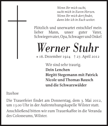 Traueranzeige von Werner Stuhr von Norddeutsche Rundschau