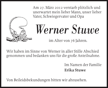 Traueranzeige von Werner Stuwe von Landeszeitung