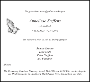 Traueranzeige von Anneliese Steffens von Pinneberger Tageblatt