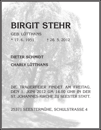 Traueranzeige von BIRGIT STEHR von Elmshorner Nachrichten