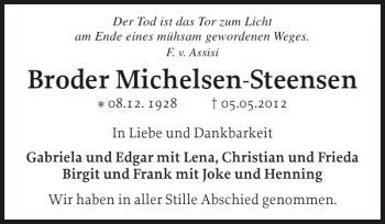 Traueranzeige von Broder Michelsen-Steensen von Flensburger Tageblatt