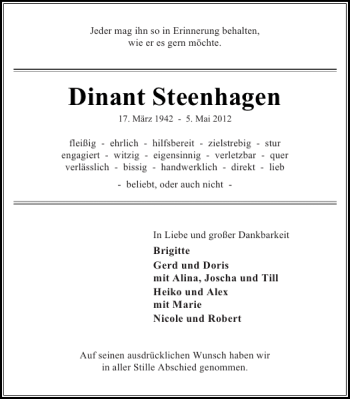 Traueranzeige von Dinant Steenhagen von Stormarner Tageblatt