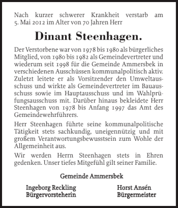 Traueranzeige von Dinant Steenhagen von Stormarner Tageblatt