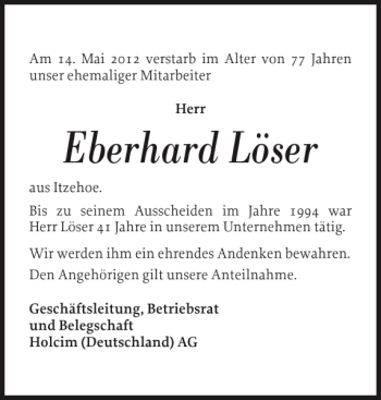 Traueranzeige von Eberhard Löser von Norddeutsche Rundschau