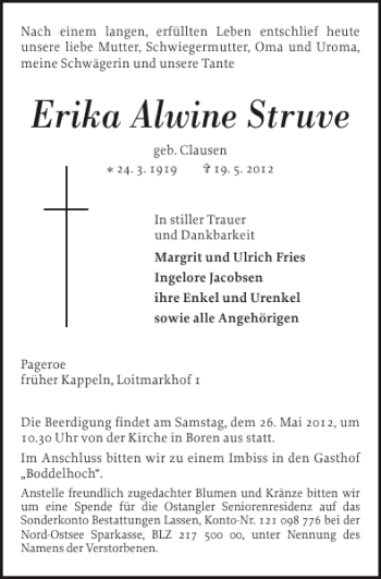 Traueranzeige von Erika Alwine Struve von Flensburger Tageblatt