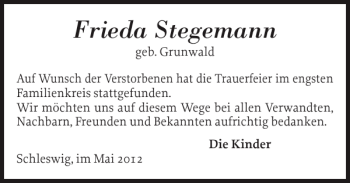 Traueranzeige von Frieda Stegemann von Schleswiger Nachrichten