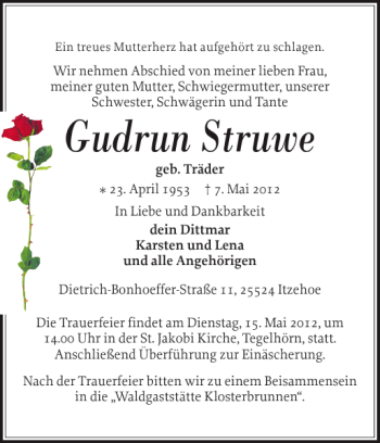 Traueranzeige von Gudrun Struwe von Norddeutsche Rundschau
