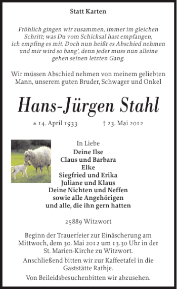 Traueranzeige von Hans-Jürgen Stahl von Husumer Nachrichten