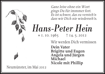 Traueranzeige von Hans-Peter Hein von Holsteinischer Courier