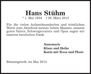 Traueranzeige von Hans Stühm von Pinneberger Tageblatt