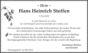 Traueranzeige von Hans Heinrich Steffen von Sylter Rundschau