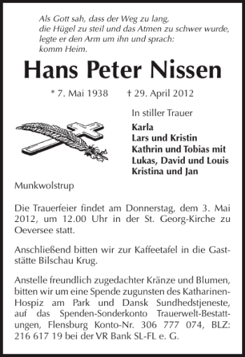 Traueranzeige von Hans Peter Nissen von Flensburger Tageblatt