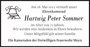 Traueranzeige von Hartwig Peter Sommer von Flensburger Tageblatt
