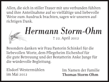 Traueranzeige von Hermann Storm-Ohm von Landeszeitung