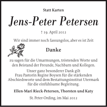 Traueranzeige von Jens-Peter Petersen von Husumer Nachrichten