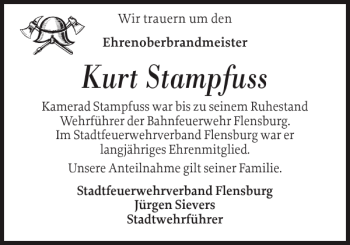 Traueranzeige von Kurt Stampfuss von Flensburger Tageblatt