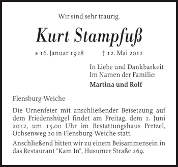 Traueranzeige von Kurt Stampfuß von Flensburger Tageblatt