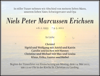 Traueranzeige von Niels Peter Marcussen Erichsen von Husumer Nachrichten