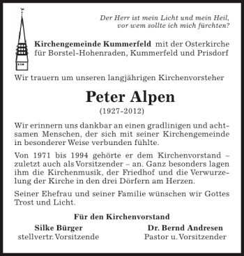 Traueranzeige von Peter Alpen von Pinneberger Tageblatt