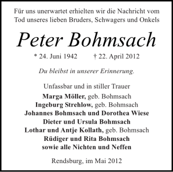 Traueranzeige von Peter Bohmsach von Landeszeitung