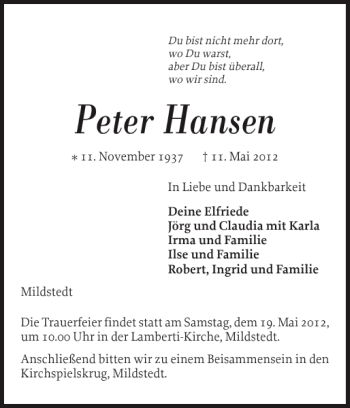 Traueranzeige von Peter Hansen von Husumer Nachrichten