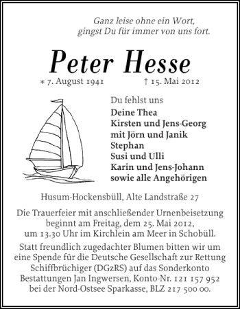 Traueranzeige von Peter Hesse von Husumer Nachrichten