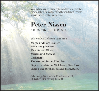 Traueranzeige von Peter Nissen von Schleswiger Nachrichten