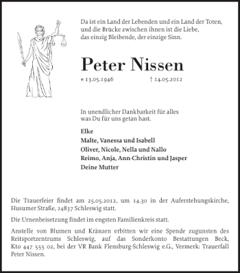 Traueranzeige von Peter Nissen von Flensburger Tageblatt
