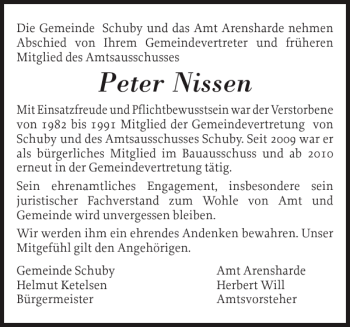 Traueranzeige von Peter Nissen von Schleswiger Nachrichten