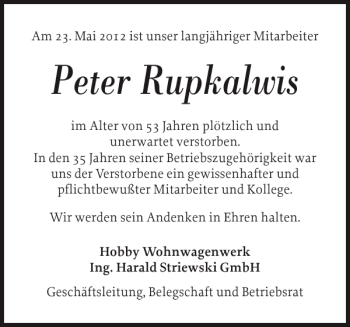 Traueranzeige von Peter Rupkalwis von Landeszeitung