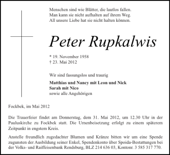 Traueranzeige von Peter Rupkalwis von Landeszeitung