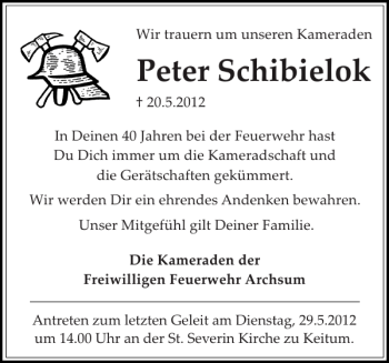 Traueranzeige von Peter Schibielok von Sylter Rundschau