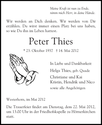 Traueranzeige von Peter Thies von Elmshorner Nachrichten