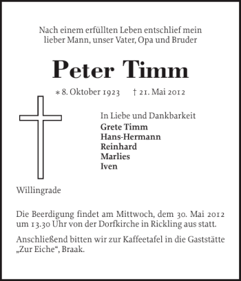Traueranzeige von Peter Timm von Holsteinischer Courier