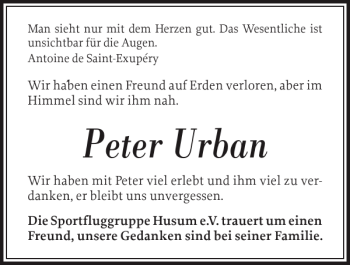 Traueranzeige von Peter Urban von Husumer Nachrichten